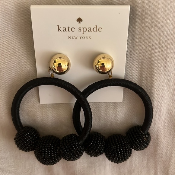 Brand New Black Kate Spade Dangle / Hoop Thread Earrings with Balls - Picture 3 of 4